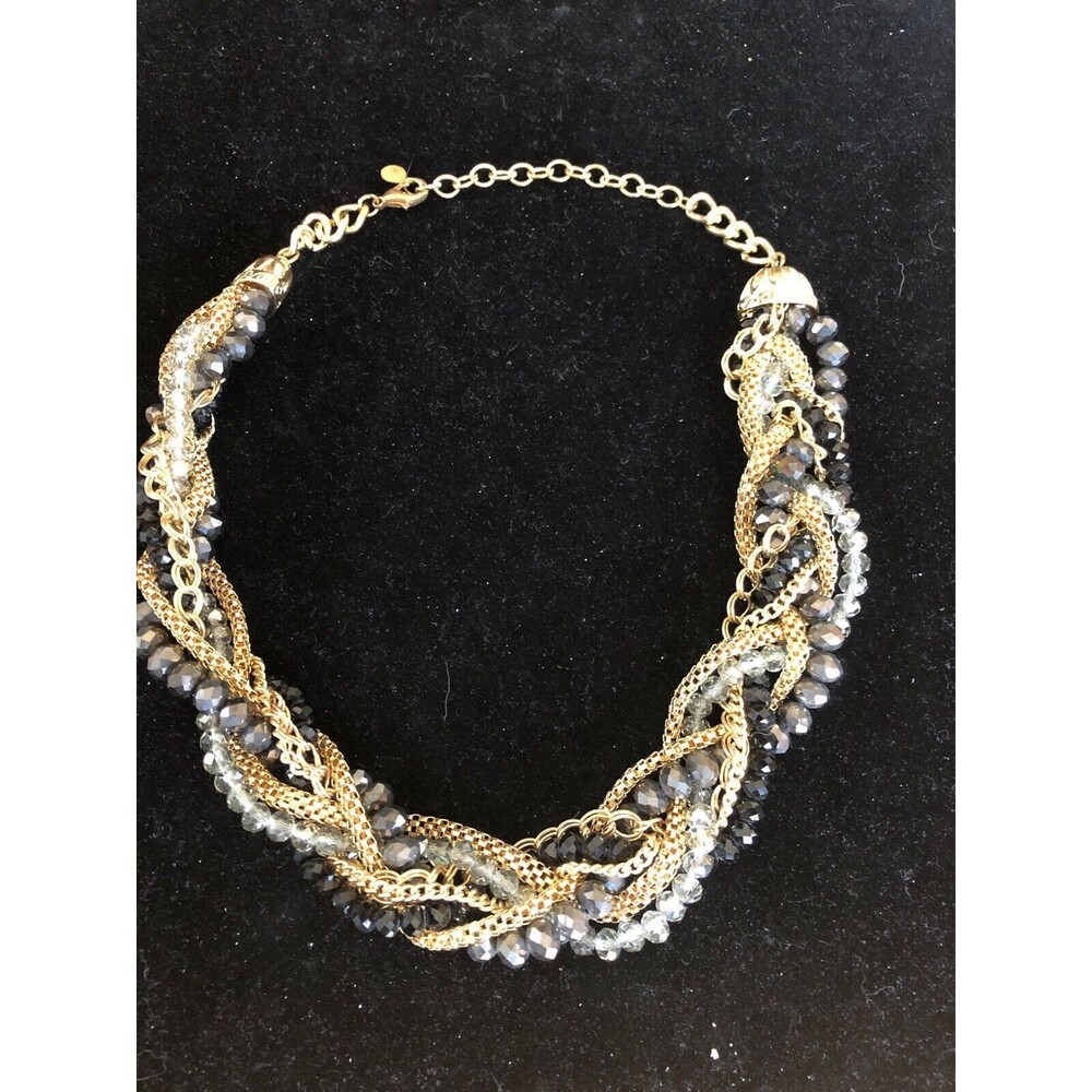 Crystal Glass Bead Mesh & Chain Twist Statement Necklace 20" Gold Tone Signed JS